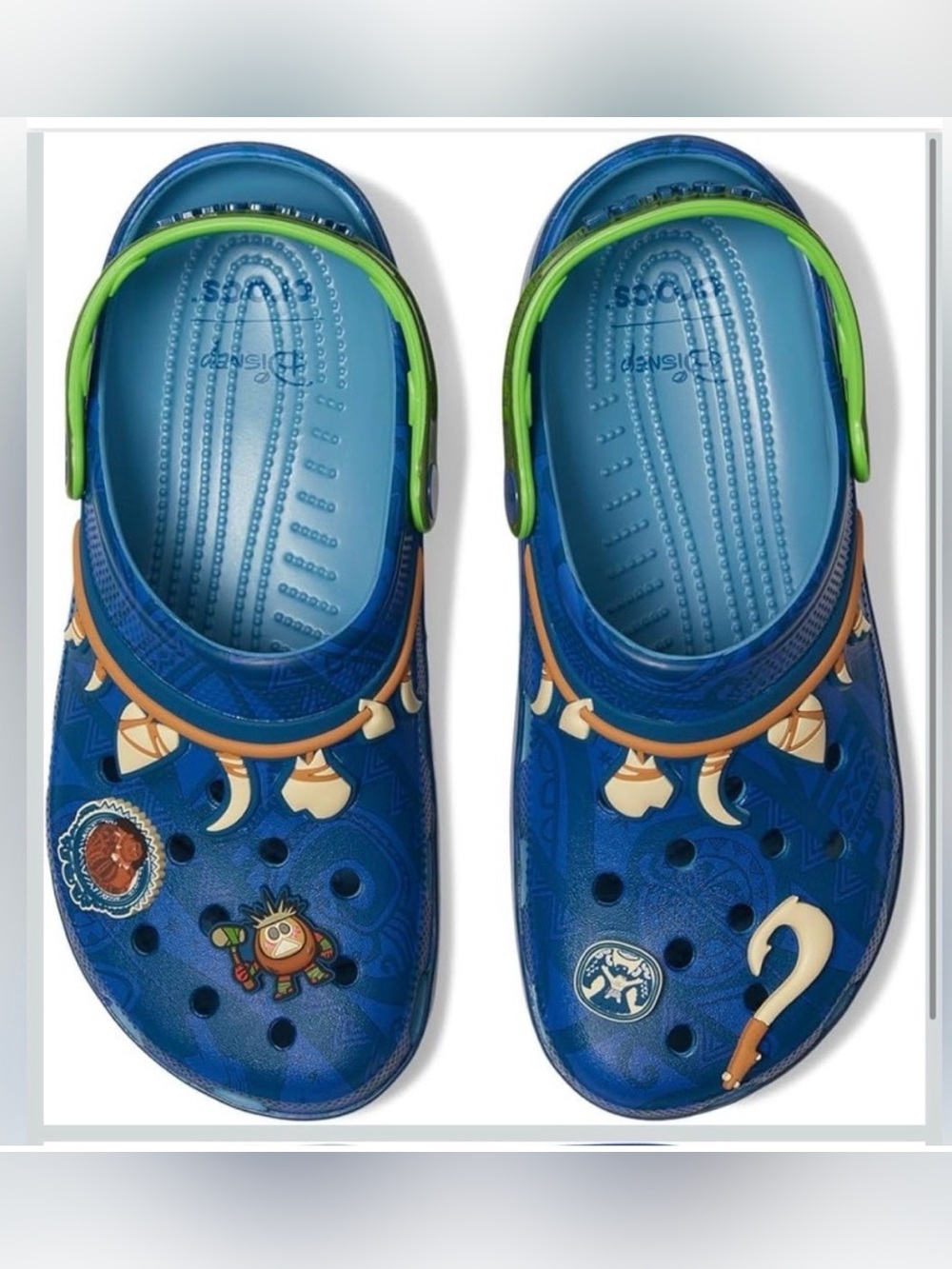 CROCS Blue Kids Clogs with Green Heel Strap and Playful Prints